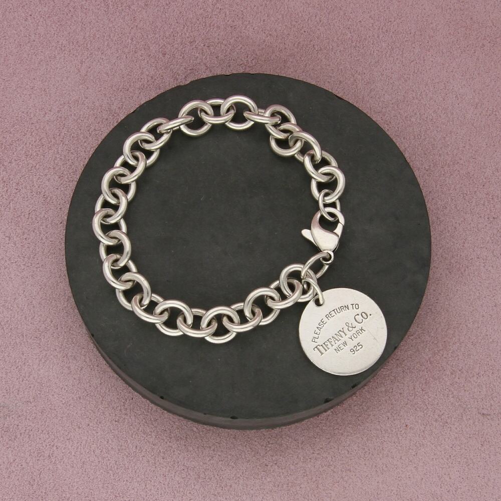 tiffany & co sterling silver round return to tag cable chain bracelet size 8in